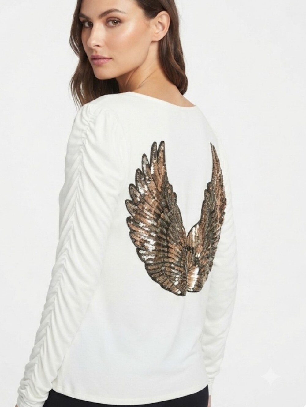 Upcycled White Top Sequin Angel Wings One-of-a-Kind Gold Black Sparkle Iron-on